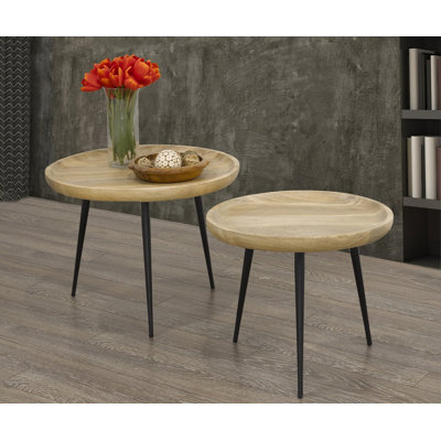 2 Piece Accent Table Set, Light Oak/Black