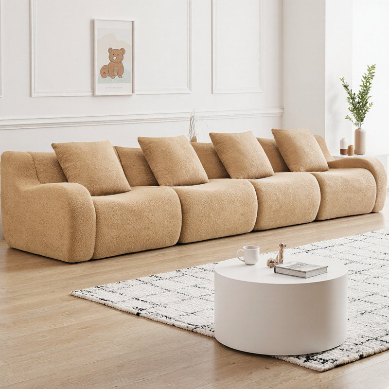 Canapé modulaire à 4 places désossé et rembourré en tissu Teddy avec accoudoirs courbés, sans assemblage requis et éponge haute densité 32D