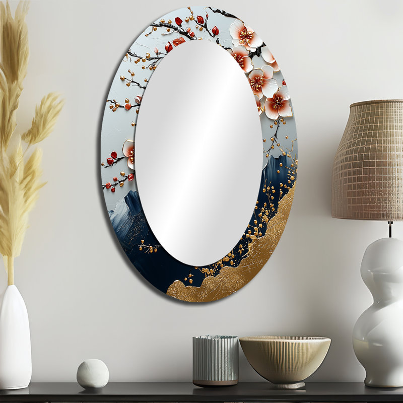 Miroir mural blanc blanc à motif de cerisiers en fleurs dans les montagnes, 36 po x 24 po