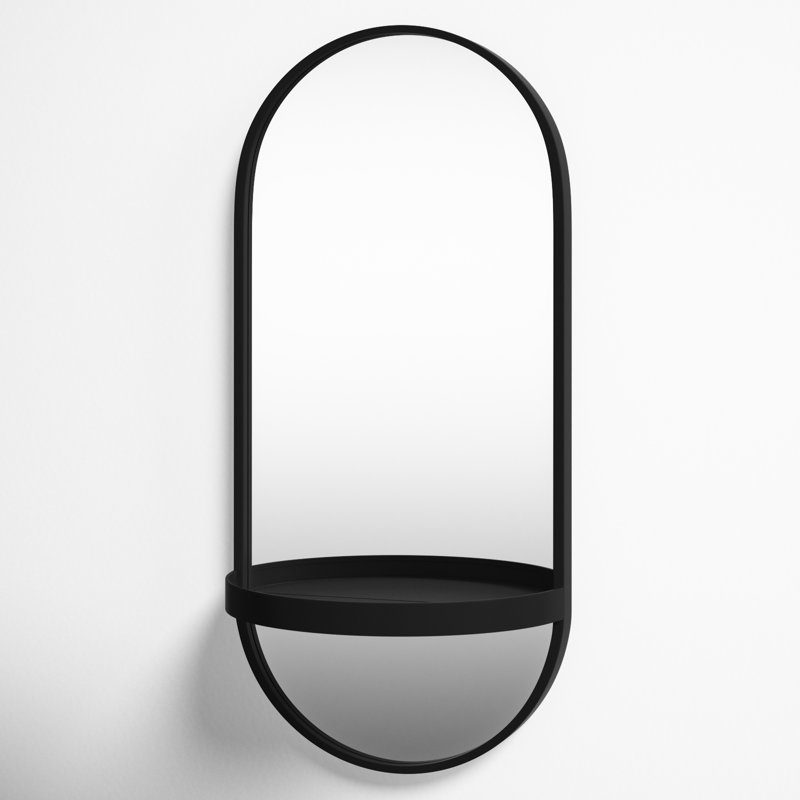 Lumi Metal Flat Mirror with Shelves, Black, 24.2" H x 11.25" W