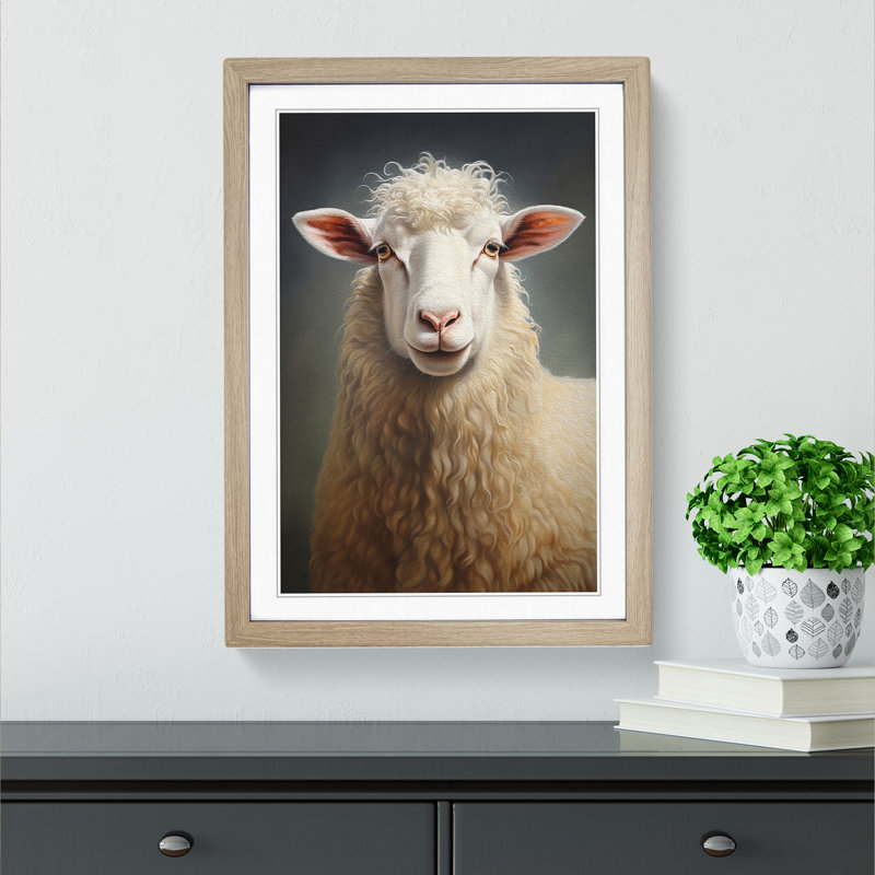 Sheep Realism - Single Picture Frame Print on Wood, Oak , 34cm H x 25cm W x 2cm D
