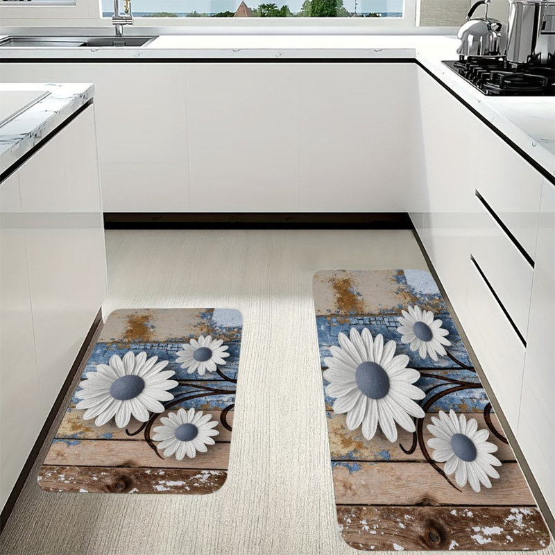 Tapis de cuisine bleu antidérapant 2 pièces Blue Daisy Decor