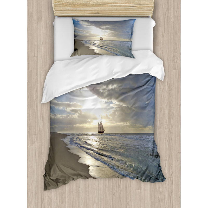 Engles Blue/Beige/White Microfibre 350 TC Coastal Duvet Cover Set, Single - 1 Standard Pillowcase