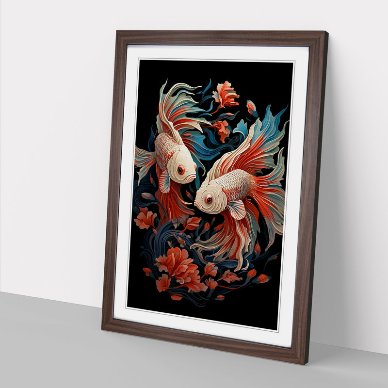 Siamese Fighting Fish No.3 - Single Picture Frame Print on Wood, 46cm H x 34cm W, Walnut Framed
