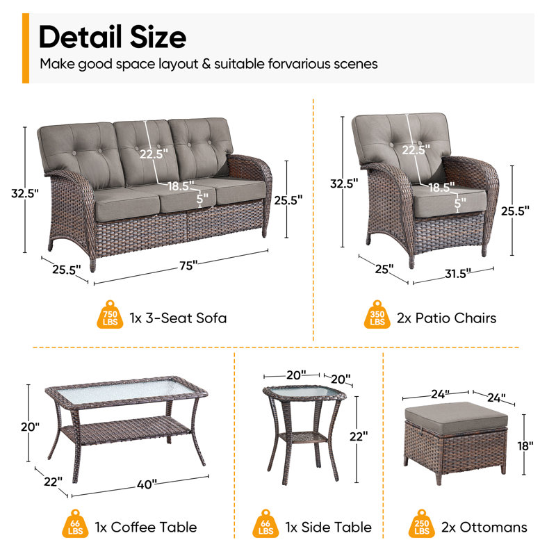 Fiorillo 7-Piece Outdoor Wicker Patio Conversation Set With Cushions/2 Lounge Chairs And Coffee Table, Gray
