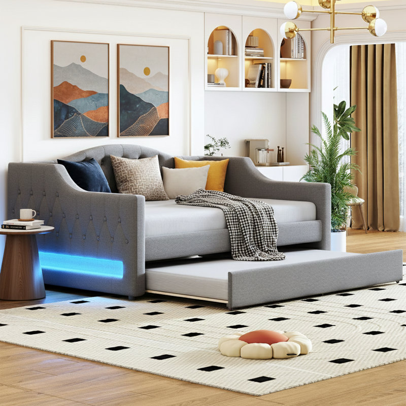 86.2" Extra-Long Upholstered Daybed with Trundle & Drawer, LED Lights, Gray, Full XL