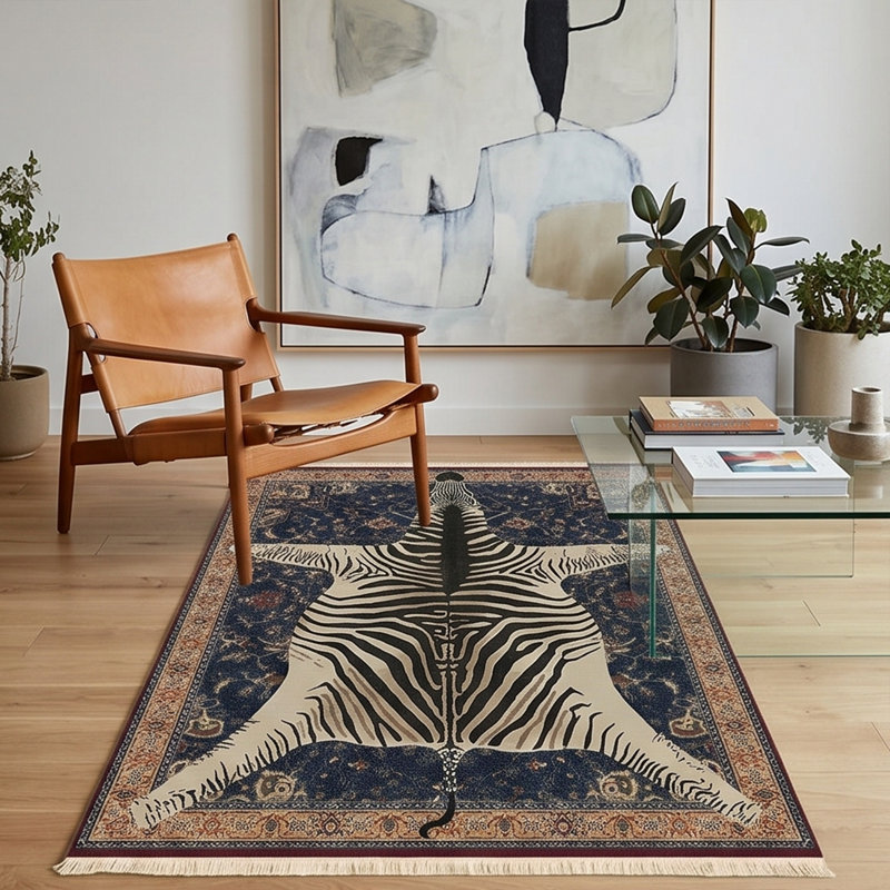 Navy Traditional Print Zebra Pelt 100% Cotton Area Rug 