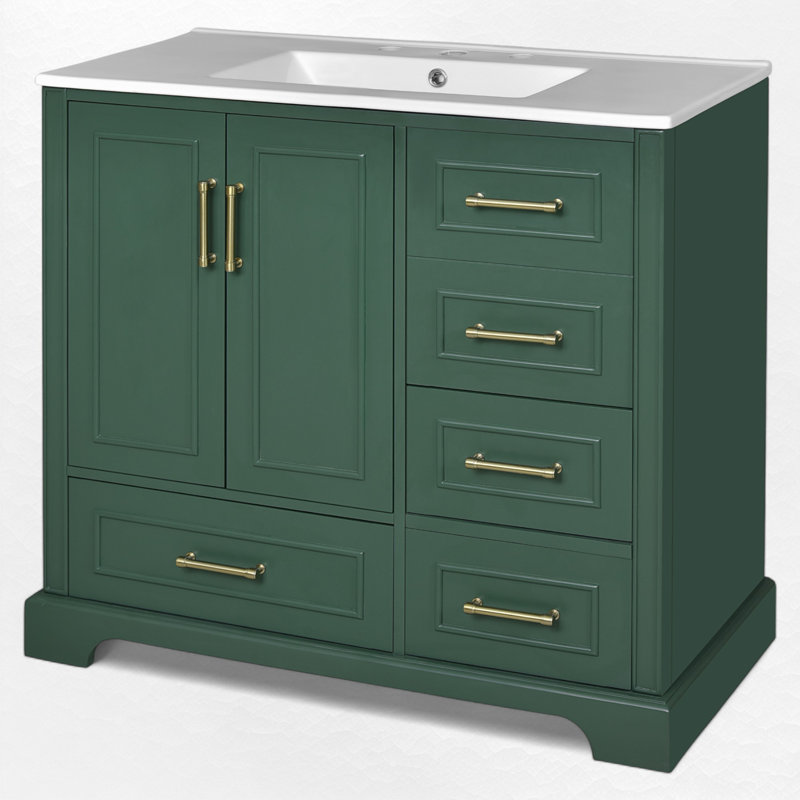 36" Single Bathroom Vanity With Ceramic Sink, Green, Gold