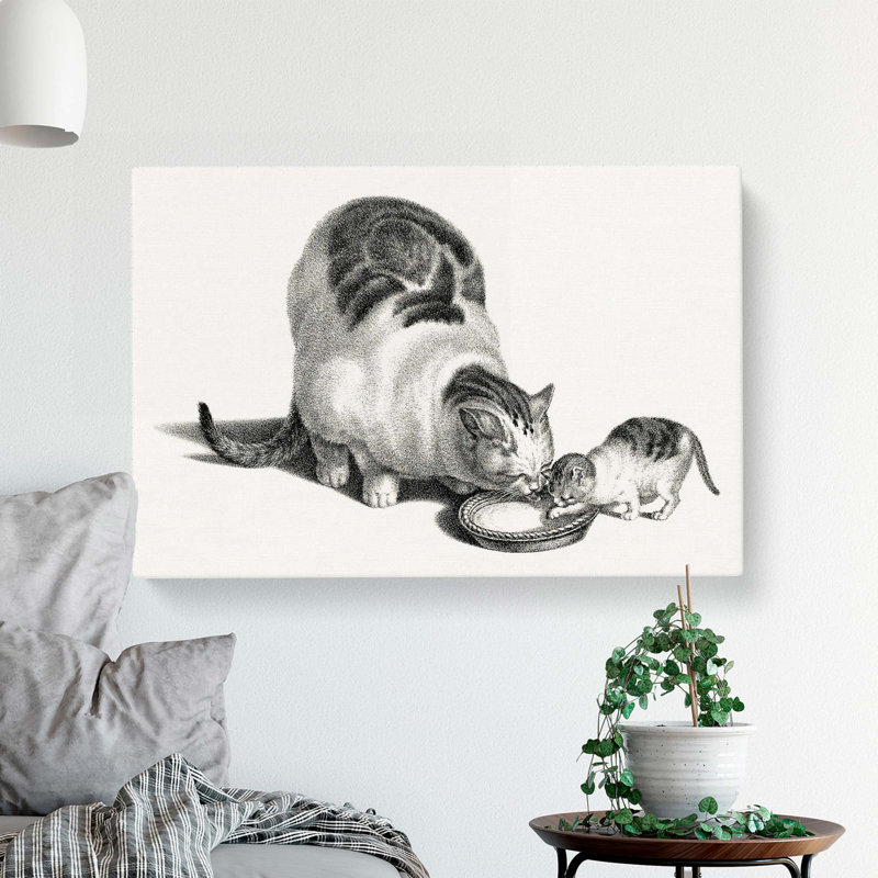 Cat & Kitten Drinking by Gottfried Mind - Wrapped Canvas Print, 35cm H x 50cm W x 3cm D