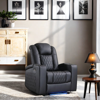 34.6"Wide Faux Leather Power Reclining Home Theater Seating Chair with Arm Storage&Dual Cup Holders&USB Charging Port&Ambient Lighting
