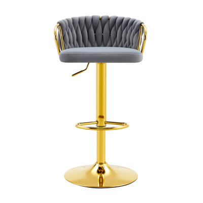 Set Of 2 Modern Luxury Velvet Braided Bar Stool With Adjustable Height, Gold Metal Base & Woven Rope Backrest, Upholstered Swivel Bar Chair For Kitche