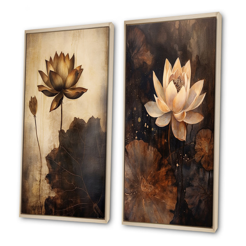 «Rustic Lotus Serenity», ensemble d'art mural sur toile Lotus, Encadrement brun, H 32 po x l 33 po