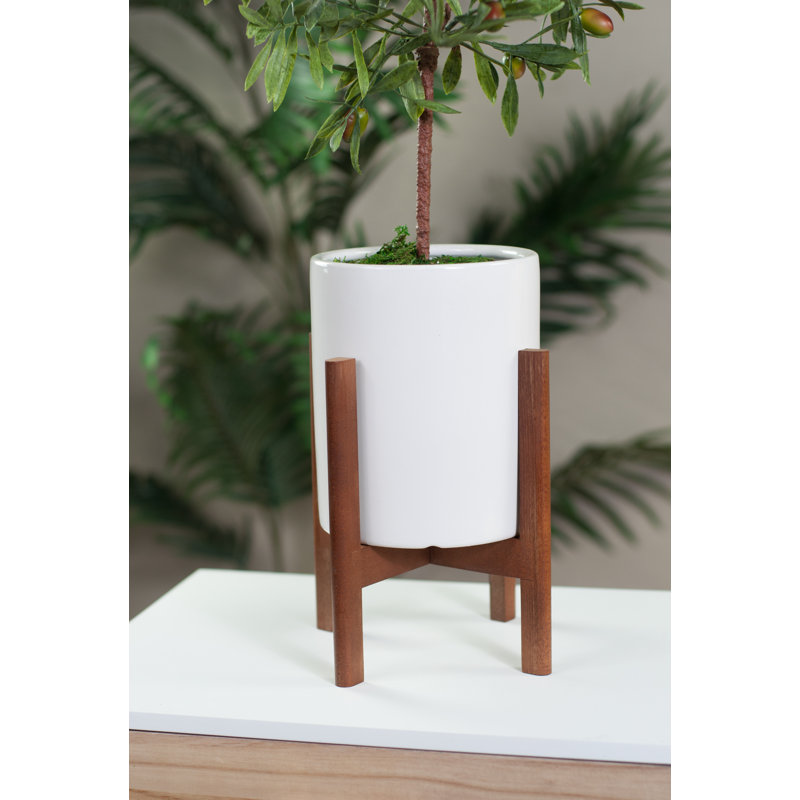 Jardinière en céramique Baraka, H 9 po x l 6,7 po x P 6,7 po (support inclus), Blanc / Noyer