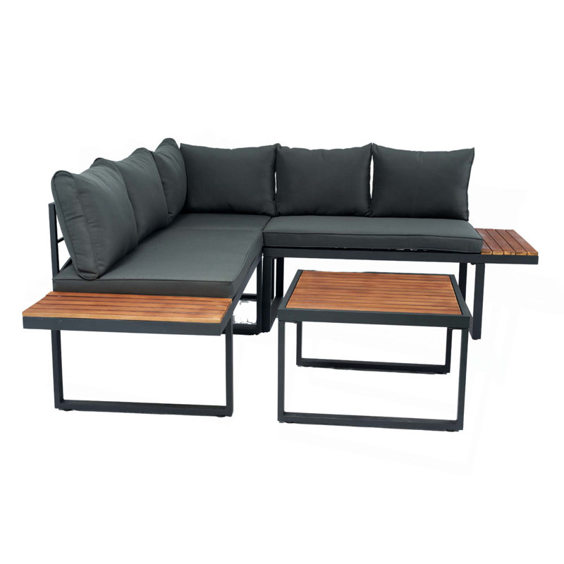 Ensemble de conversation modulaire en osier pour terrasse avec canapé d'appoint et ensemble de conversation 4 pièces 5 pièces avec table d'appoint et coussins gris foncé
