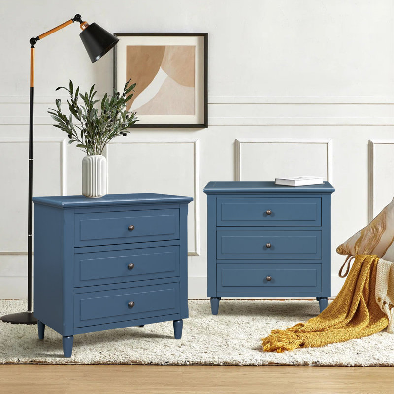 Albers Traditional 3 - Drawer Nightstand With Solid Wood Legs (Set Of 2), Blue