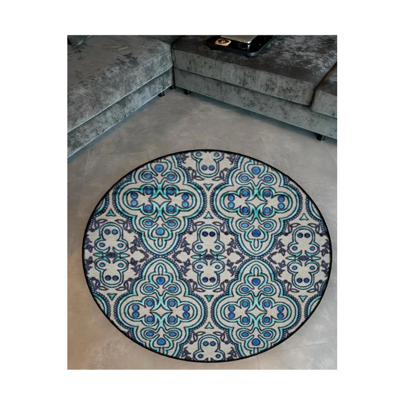 Woven Base Modern Decorative Carpet With Ethnic Pattern Details In Blue Tones, Round 4'