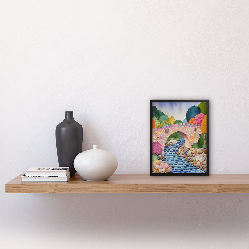 Modern Folk Art Countryside Bridge Artwork Framed Wall Art Print 9X7 Inch