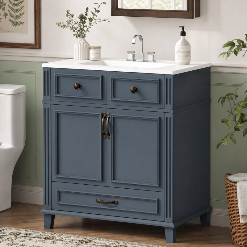 30" Bathroom Vanity With Ceramic Sink, Solid Wood Frame, Soft Closing Doors & Ample Storage, Blue Retro Style - Blue, 30"