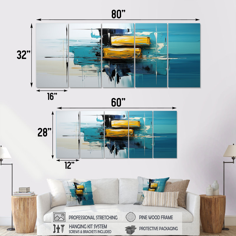 «Ebullient pensé jaune moutarde sur bleu», ensemble d'art mural abstrait 5 pièces, H 32 po x l 80 po