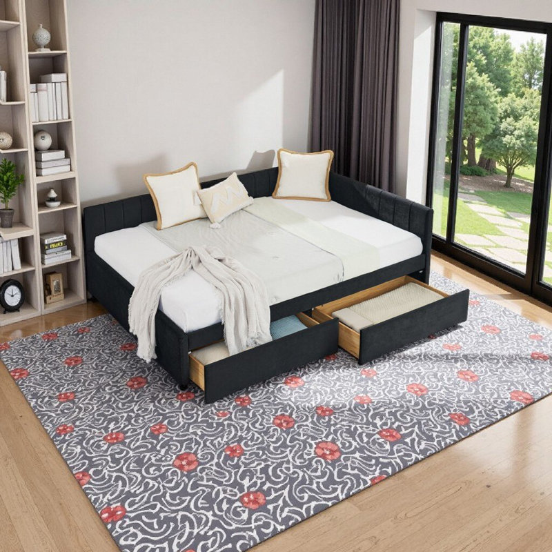 Structure de lit double capitonnée pleine grandeur avec deux tiroirs, structure de canapé-lit avec dossier confortable et accoudoirs, velours, noir (79,5 po x 58 po x 25 po)