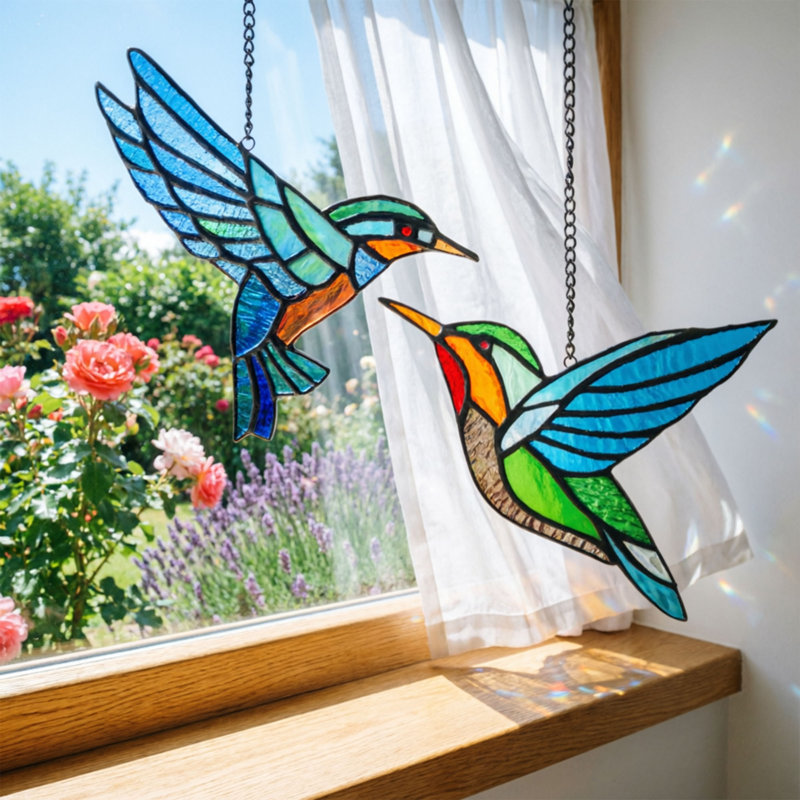 Ensemble de 2 fenêtres suspendues en verre coloré Colibri