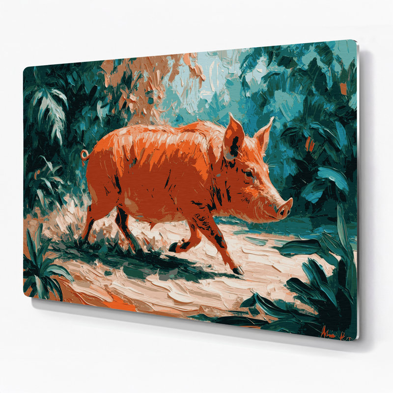 Faune, rivière rouge, cochon bleu, art mural en métal, H 11 po x l 14 po