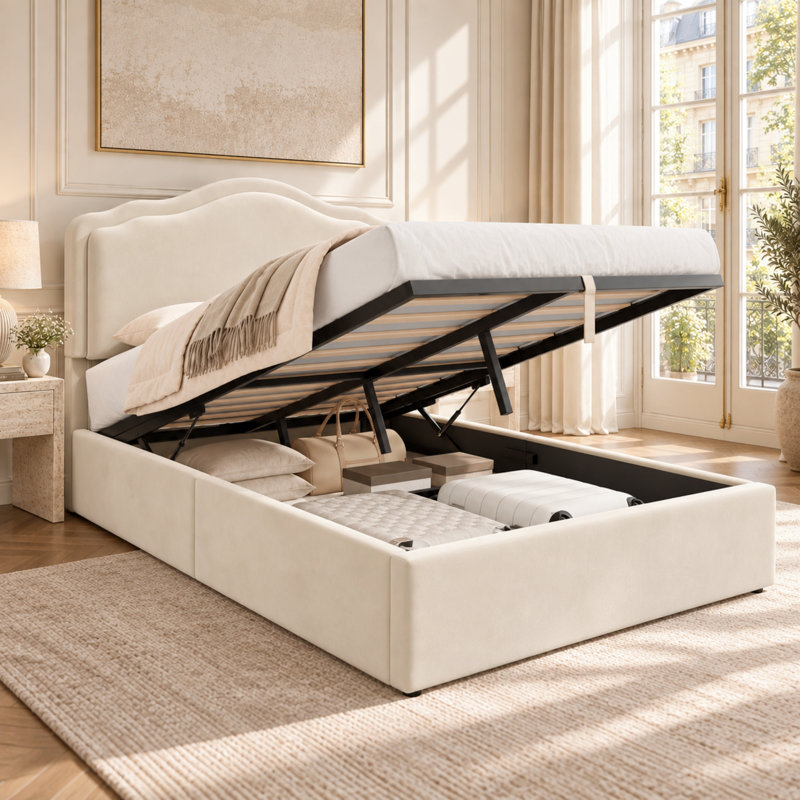 Lift Up Storage Bed Frame, Double, Beige