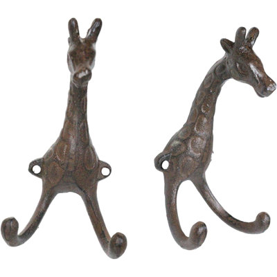 Pack Of 2 Cast Iron Safari Masai Giraffe Head Decor Double Wall Coat Towel Hooks
