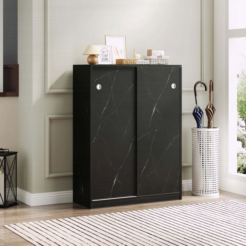 Marble Black Sliding Door Shoe Cabinet with 6 Layers, Black