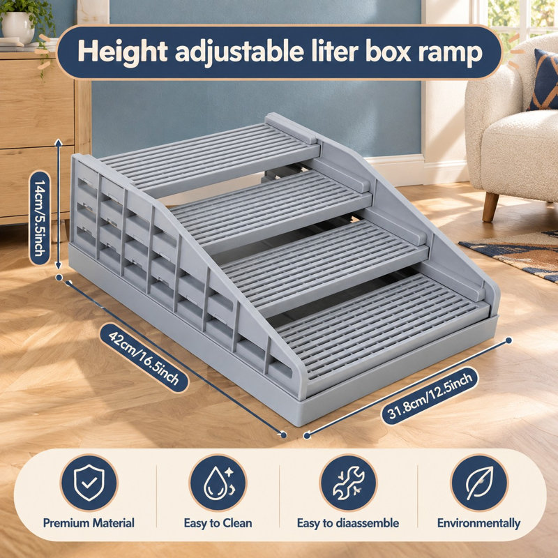 Light Grey litter-box access for small & elderly cats combines adjustable elevated steps with a ramp, filter function and anti-tracking design; the unit Fits Automatic Litter Boxes