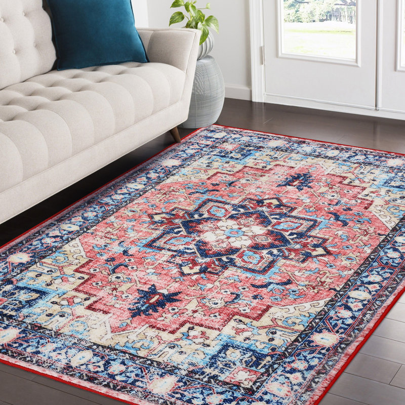 Washable Area Rug, Vintage Medallion Low Pile Non Slip Foldable Pearl Velvet Indoor Carpet, Light Red Tone, 3'x5'