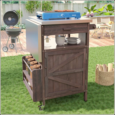 40.5" Outdoor Fir Wood Grill Cart, 30mm Stainless Steel Top with Foldable Drop Leaf, Storage Drawer, Towel & Spice Rack, Rolling BBQ Cart with Lockable Wheels & Multi Hooks for Lawn, Garden, Patio