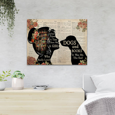 Petite fille et son chien «Il était une fois une fille qui aimait vraiment les chiens et les livres», reproduction d'art graphique sur toile tendue