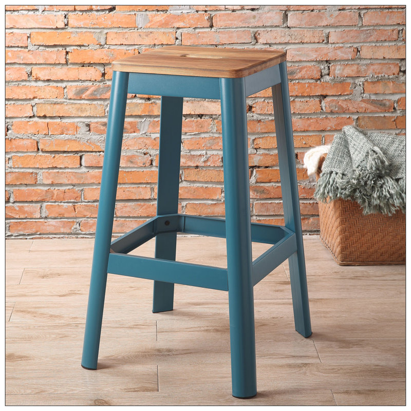 Armless Bar Stool With Crossbar Support, Brown/Blue