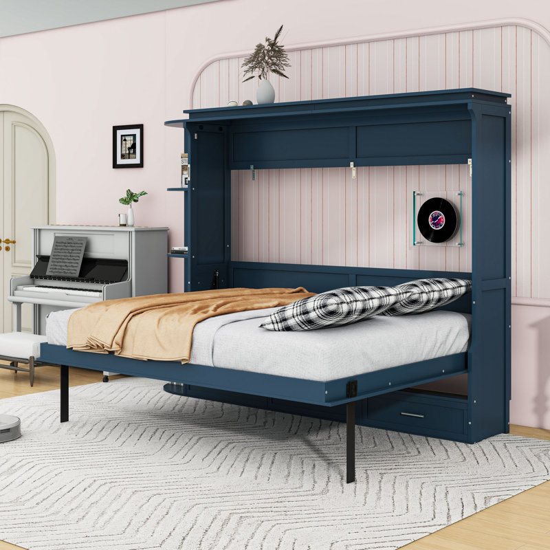 Lit plateforme escamotable 3 tiroirs avec armoires latérales, Grand lit, Bleu