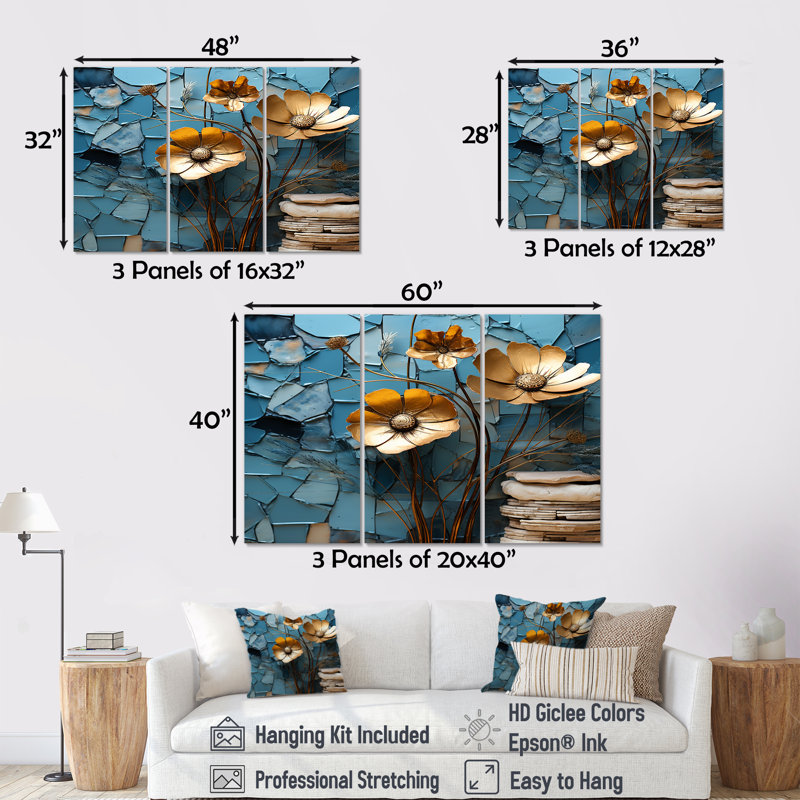 Coquelicots dorés sur bleu sarcelle - ensemble de décoration murale coquelicots, Toile tendue, H 32 po x l 48 po x P 1 po