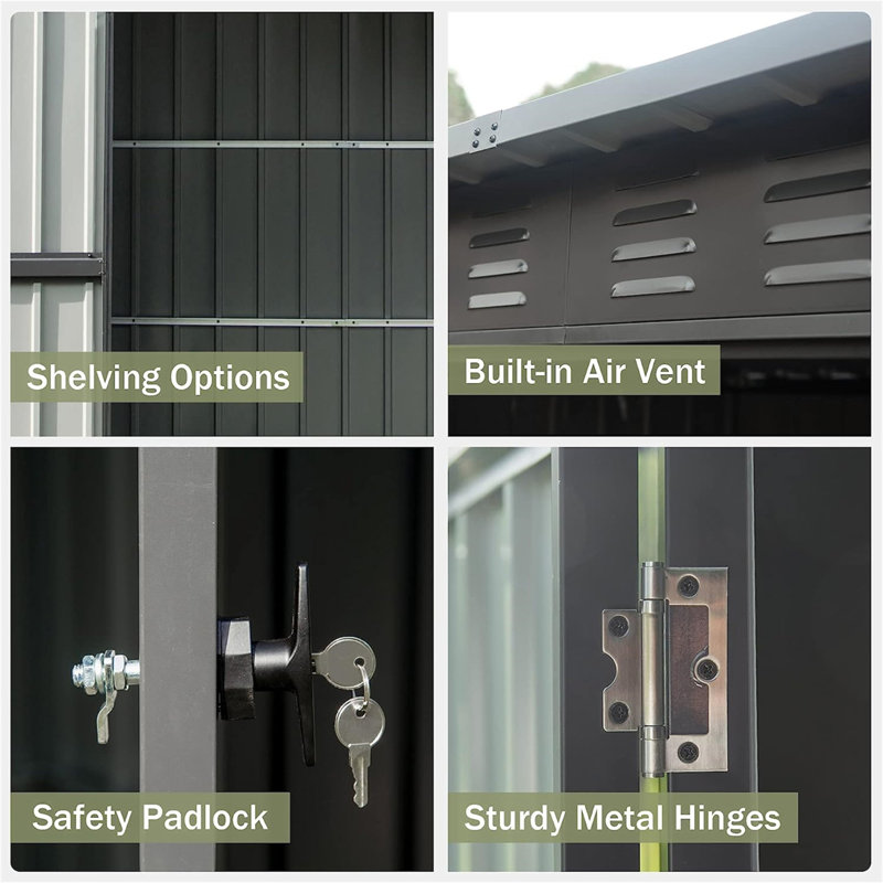Backyard Storage Shed With Sloping Roof Galvanized Steel Frame Outdoor Garden Shed Metal Utility Tool Storage Room With Latches And Lockable Door For Balcony (5X3ft)