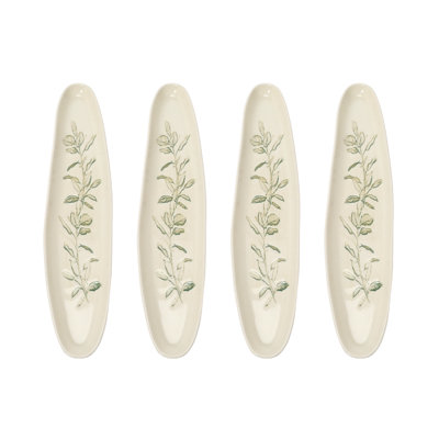 Oval Debossed Stoneware Tray with Botanical Design and Green Reactive Crackle Glaze