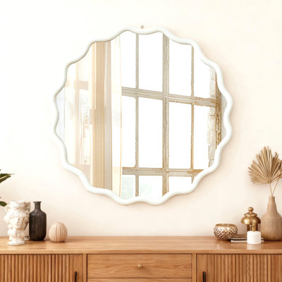 Miroir décoratif rond blanc en bois massif ondulé de 30 pouces, pour chambre à coucher, salle de bain, salon, entrée