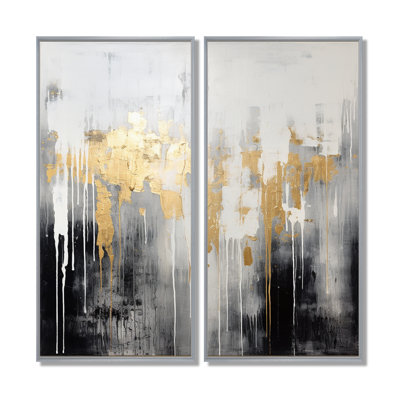 Dripping Gold White Gray Black Gold - Abstract , Gold Abstract Wall Art 2 Panel