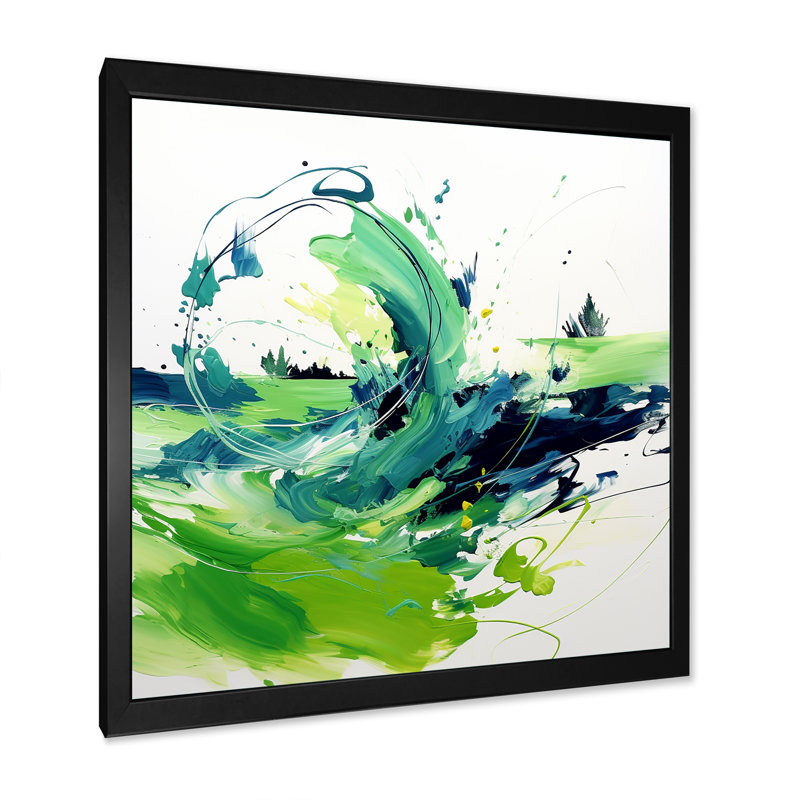 White And Green Abstract Ink Expression I - Abstract Wall Art, Black Single Picture Framed, 36" H x 36" W x 1.5" D