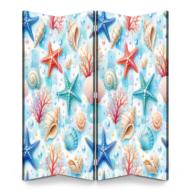 Cloison pliante 4 panneaux paravent Royal Nautical Starfish Seashells, H 71 po x l 64 po x P 1 po, 4