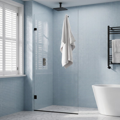 Panneau de verre de porte de douche fixe sans cadre 34 1/2 po x 74 po, verre trempé transparent de 3/8 po (10 mm), porte de douche avec crochet à serviette, panneau de verre simple avec revêtement double face, noir