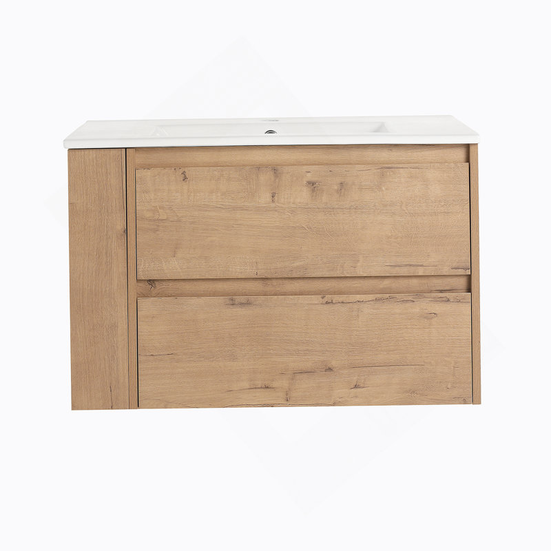 Meuble-lavabo mural 30 po avec lavabo en céramique à 2 tiroirs à fermeture en douceur, Imitation chêne, 30"