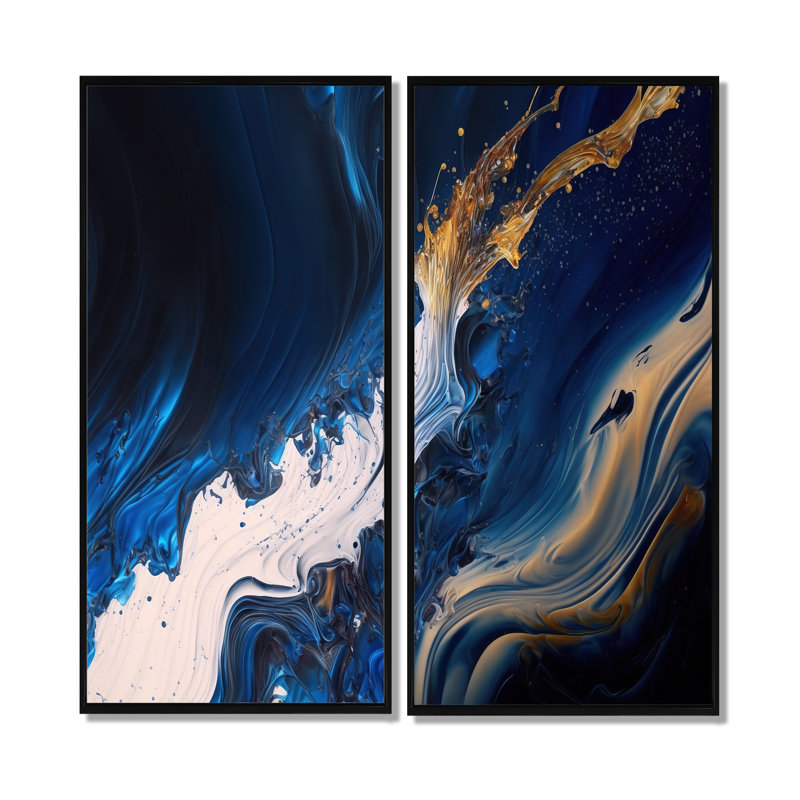Ice Paint Splash II - Art mural bleu 2 pièces, H 20 po x l 24 po, Noir, Impression encadrée flottante