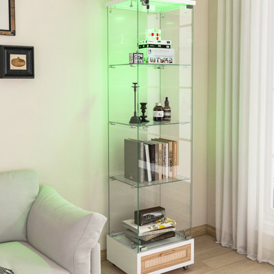 Modern 1 - Door 4 Shelves Tempered Glass Display Cabinet With Drawer, 13 Colour Led Lights And Easy Cleaning Feature For Bedroom Vertical Assembly Decor