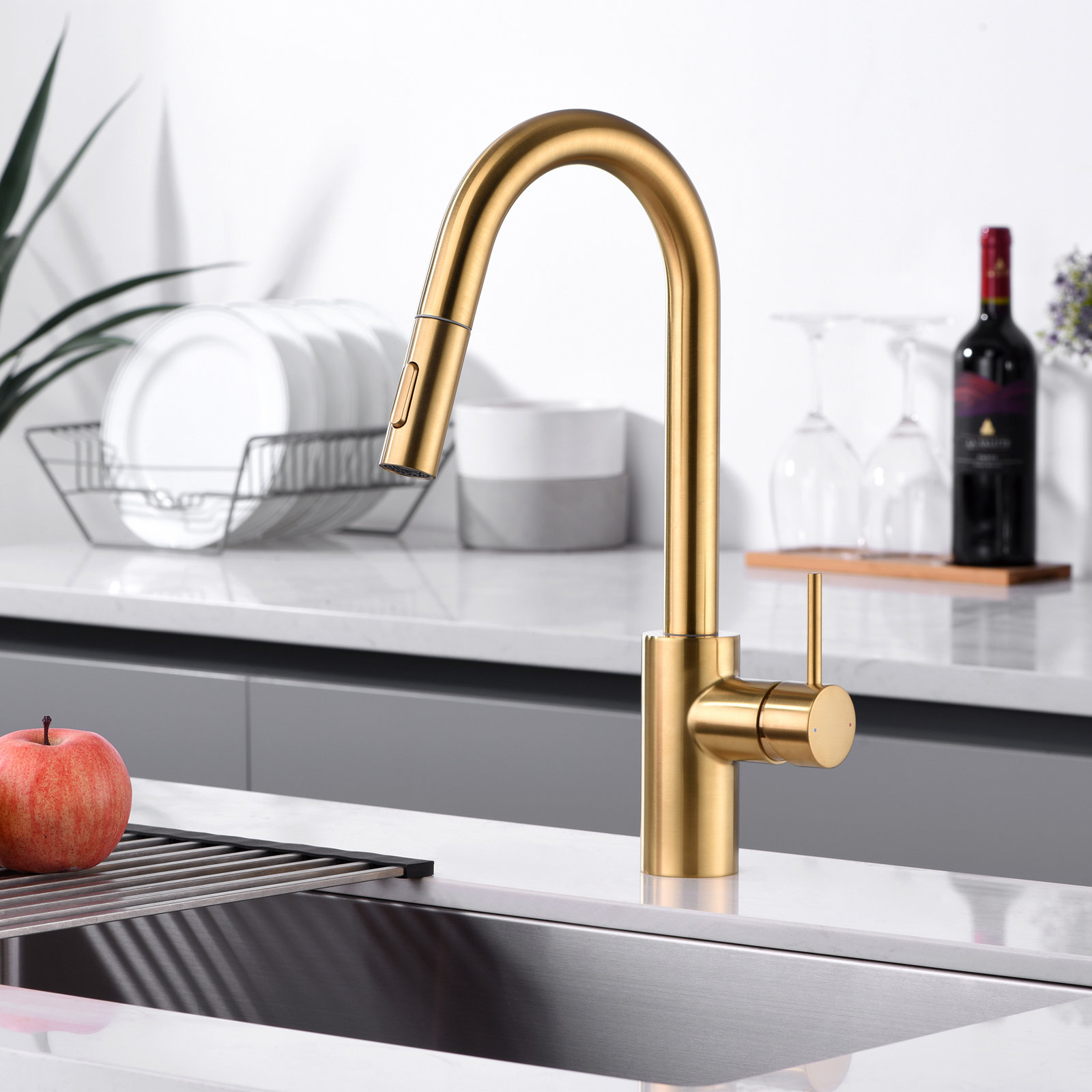 Contemporary Pull Down Single Handle Kitchen Faucet with Accessories, Brushed Gold