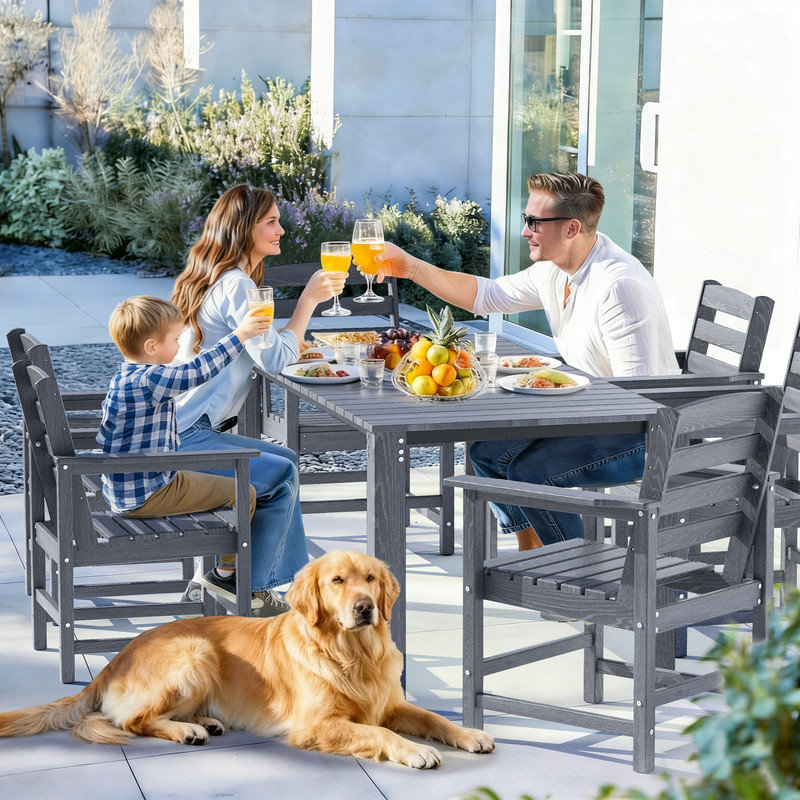Gray 7-Piece HDPE Plastic Patio Outdoor Dining Set with Arm Chairs