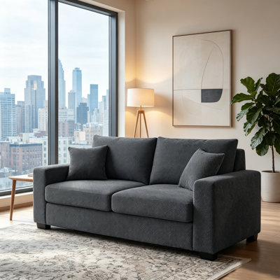 69" Mid-Century Modern 2-Seater Loveseat Sofa, Textured Fabric Upholstered Couch with 2 Throw Pillows, Soft Cushioned Living Room Sofa with Wood Frame & Sturdy Legs for Apartment & Office,Dark Gray