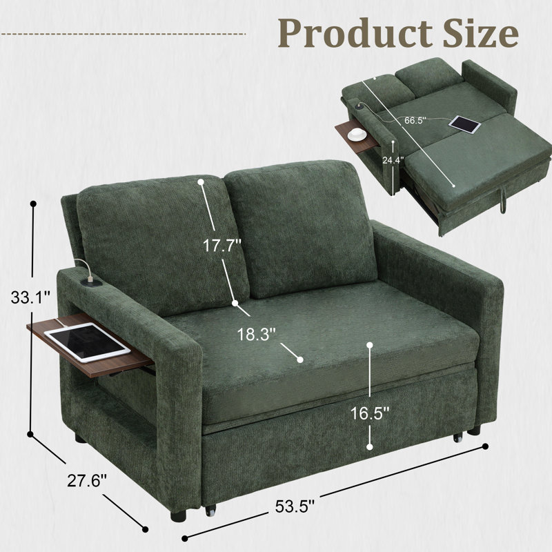 Upholstered Convertible Sleeper Sofa featuring USB Ports and Side Pocket, Dark Green Linen